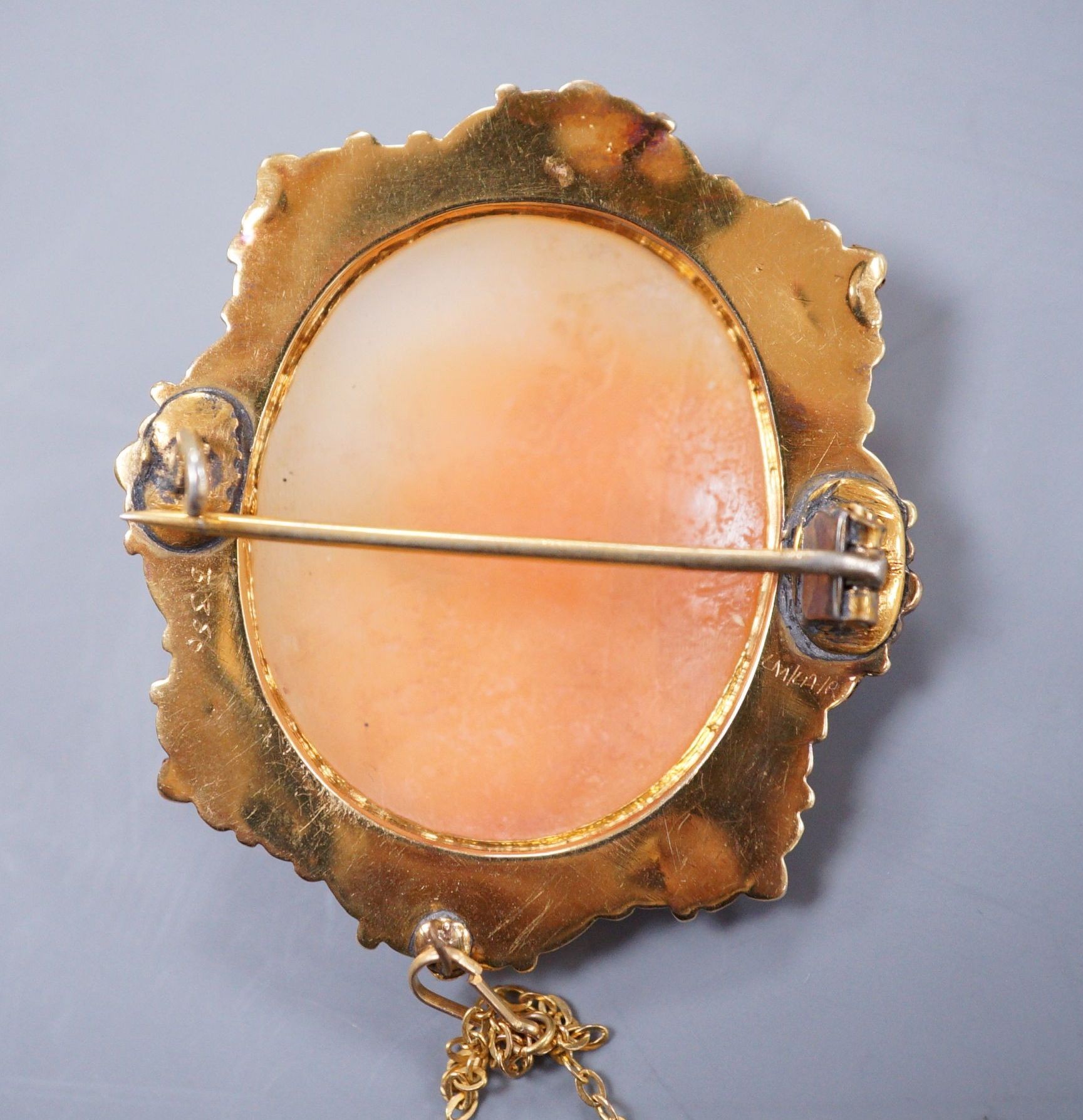 A Victorian yellow metal mounted cameo brooch carved with a bust of Hermes, 4.5cm